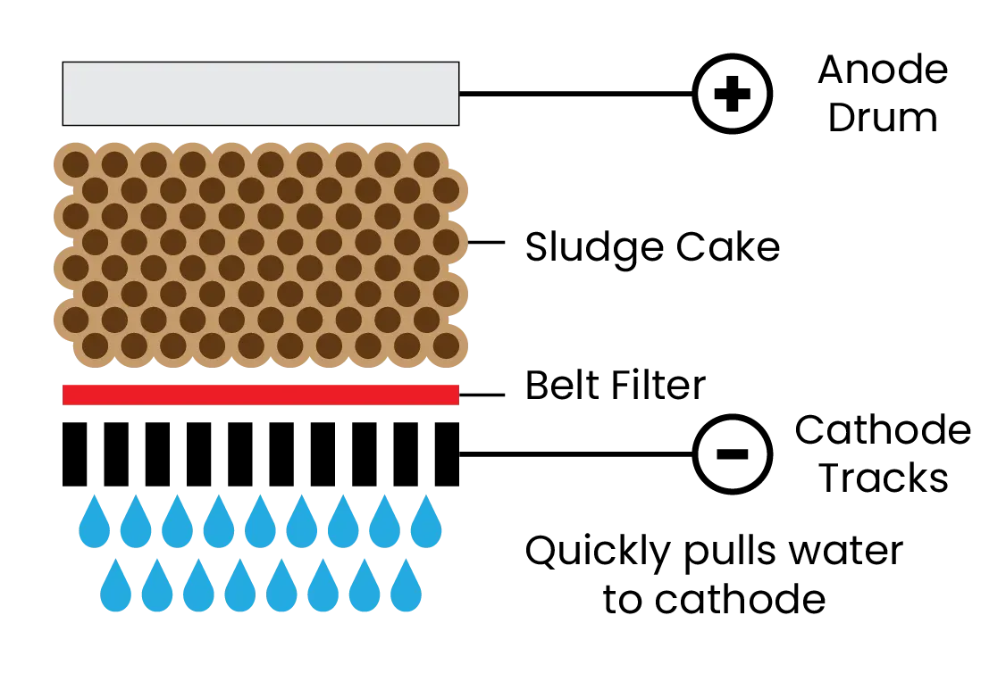 ELODE process diagram: sludge cake enters between the anode drum and cathode caterpillar track, water is driven out by electro-osmosis, and drier cake discharges
